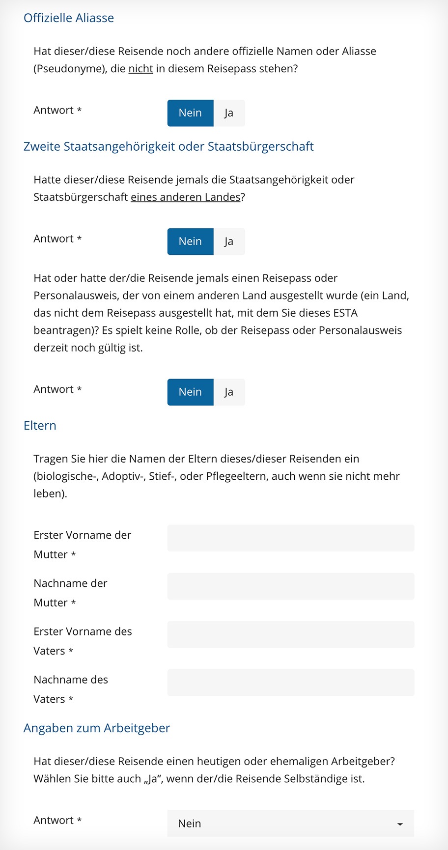 ESTA-Formular: andere Fragen zum Reisenden