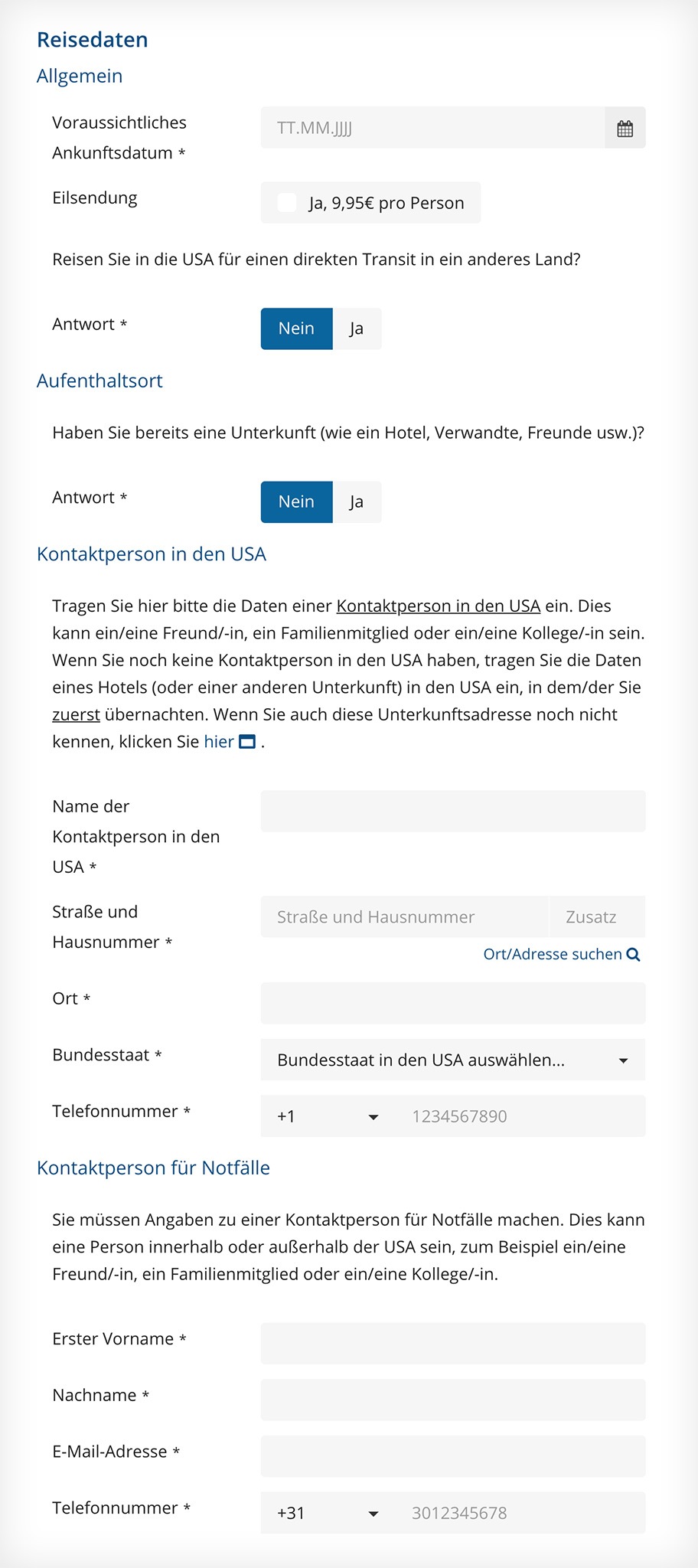 ESTA-Formular: die Reisedaten