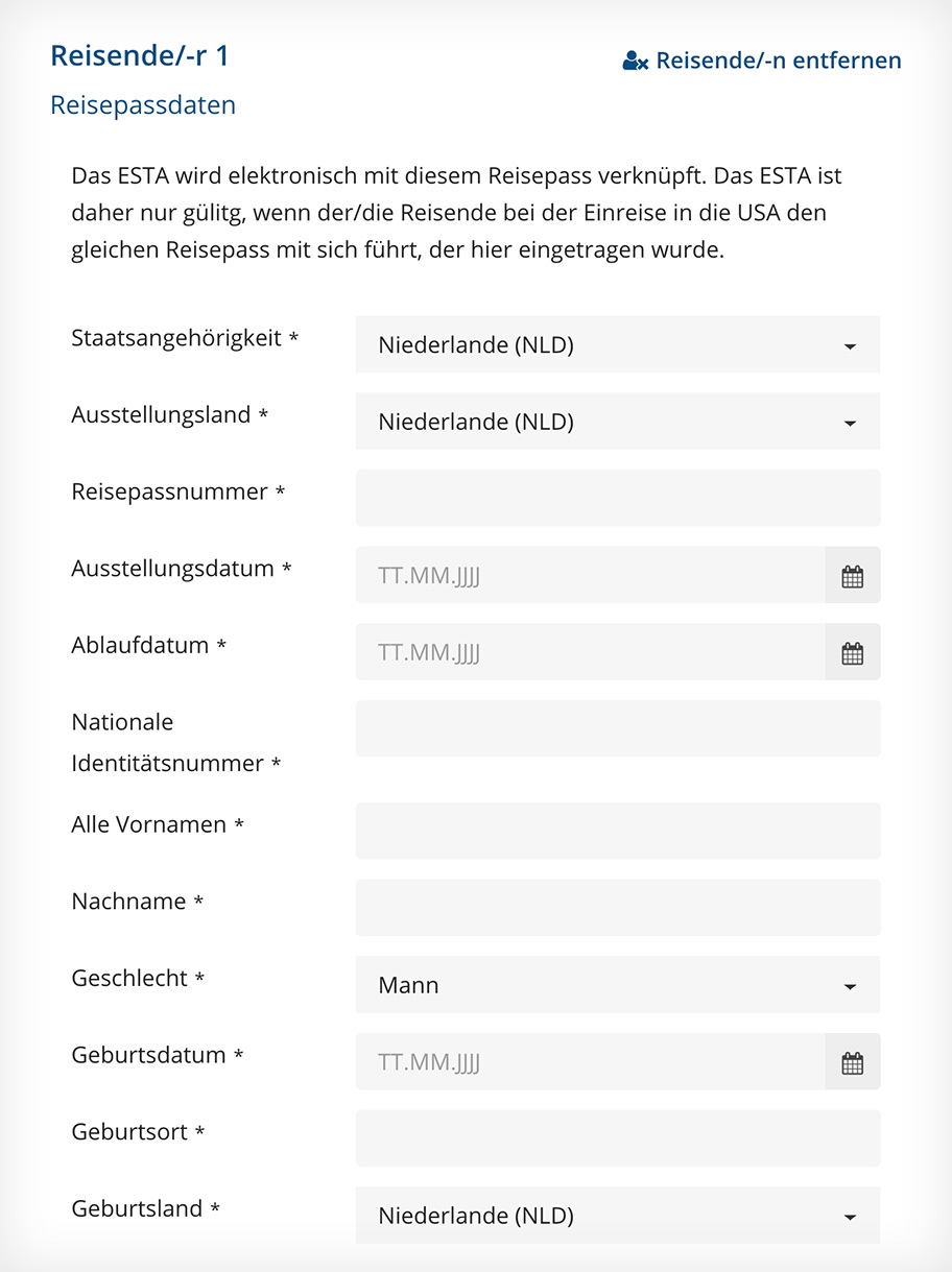 ESTA-Formular: die Passdaten